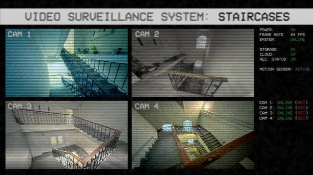 Video surveillance system with four cameras for empty staircases. Creepy empty staircases on CCTV cameras