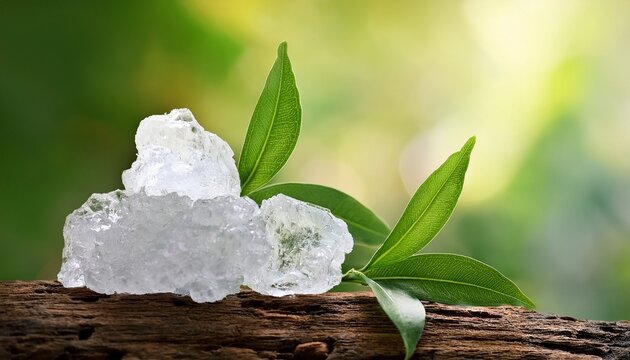 camphor crystals and branch green leaves on natural background