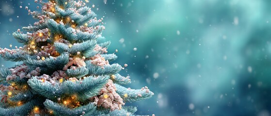 Festive Christmas Tree with Snowfall and Bokeh Lights for Holiday Greetings, captured in high resolution with a soft, dreamy atmosphere, evoking winter magic