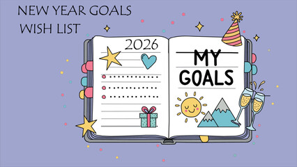 New Year 2026 Goals and Wish List Planning with Celebratory Elements Illustration and Colorful Decorations for Positive Motivation and Achievement in Planning and Reflection