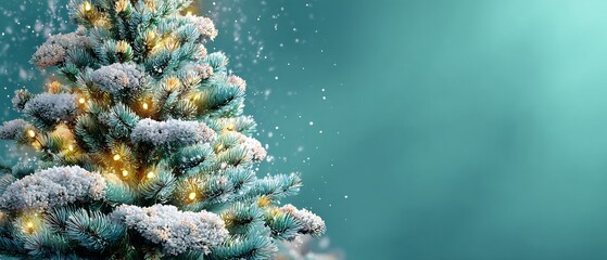 Snow-Covered Christmas Tree with Twinkling Lights on a Teal Background, perfect for holiday cards and winter greetings, creating a cozy and magical festive ambiance