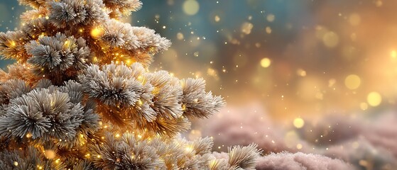 Close-Up of a Frost-Covered Christmas Tree with Twinkling Lights, creating a Magical Holiday Scene with Golden Bokeh and Soft Focus, evoking a Festive Christmas Mood and Spirit