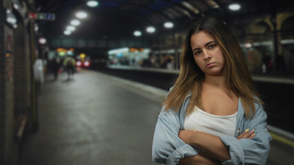Hispanic woman with arms crossed and eyes closed on a packed train platform inside a station...