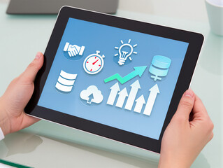 Startup concept with icon business and network connection on modern virtual interface from digital tablet.man touching on tablet.