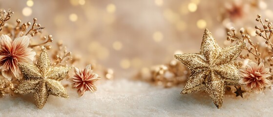 Elegant Christmas Card Layout with Golden Stars and Floral Accents on a Snowy Surface, perfect for luxurious holiday greetings with soft, warm lighting