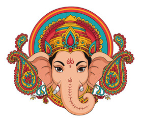 Ornate Ganesha head with paisley design. Decorative vector art of Hindu God for Ganesh Chaturthi.
