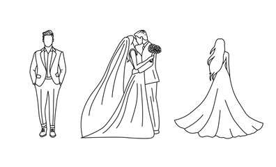 Wedding Couple Vector Illustration with Bride and Groom, Bridal Silhouette, Romantic Ceremony Outline, Engagement, Anniversary, Valentine’s Day Design