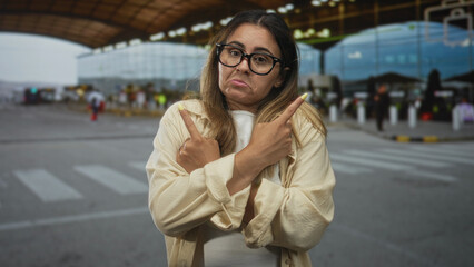 Fototapeta premium Woman crossing arms and pointing fingers at airport terminal curbside wearing glasses and beige shirt; indecision.