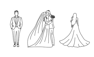 Wedding Couple Vector Illustration with Bride and Groom, Bridal Silhouette, Romantic Ceremony Outline, Engagement, Anniversary, Valentine’s Day Design