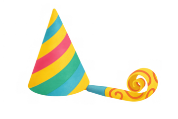 Colorful party hat and festive noisemaker isolated on transparent background, celebrating birthdays and fun events