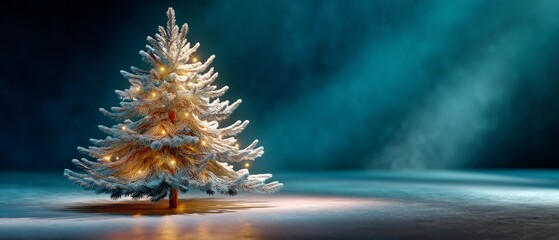 Elegant Christmas Tree with Snow and Sparkling Lights on a Cold Blue Background, Perfect for Winter Holiday Greetings and Festive Season Celebrations