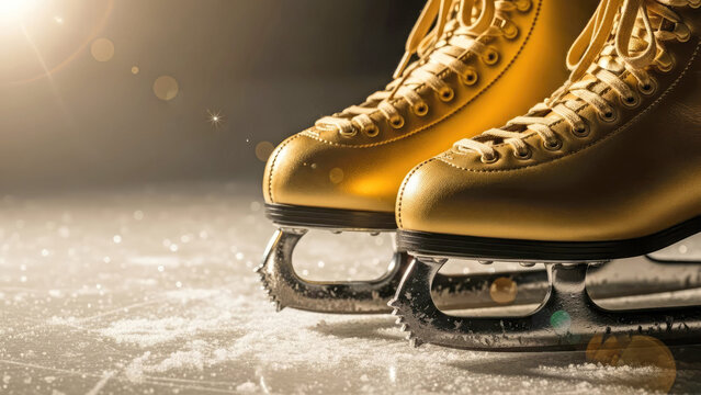 Golden ice skates on the rink. Bright sunlight, metallic leather, and sharp blades convey speed, precision, and the graceful energy of winter figure skating.