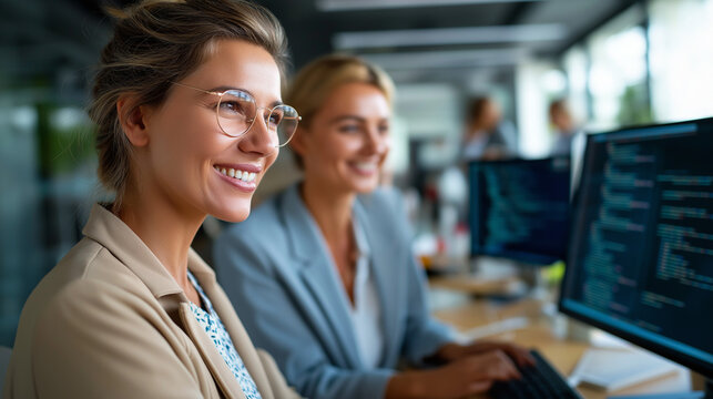 Two female professionals working in cybersecurity software development department, young manager updating defocused developer on artificial intelligence safety initiative, women in