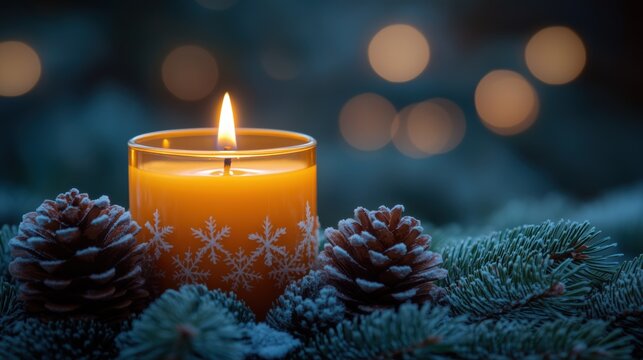 Christmas candle glowing among frosted pine branches and snowflakes, symbolizing holiday warmth, peace and festive spirit. Cozy winter background ideal for seasonal banners and greeting cards