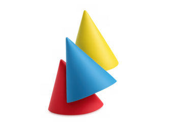 Three colorful geometric cones in red, yellow, and blue primary colors featuring a 3d rendering with a transparent background