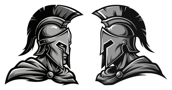 Spartan warrior head in ancient Greek helmet. Gladiator mascot for a logo or sport team emblem.
