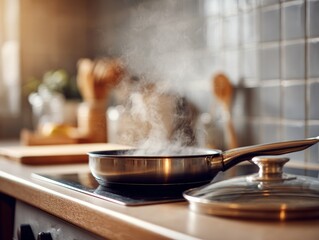 Stainless steel pan on stovetop with steam rising, showcasing safe cooking practices and emergency readiness
