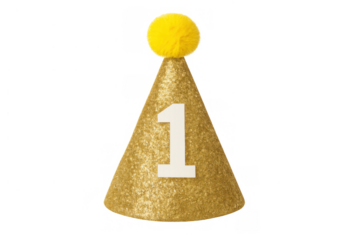 Golden glitter party hat with number 1 and yellow pom-pom representing a first birthday celebration