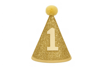Golden glitter party hat with number one and pom-pom, celebrating a baby first birthday milestone. Transparent background