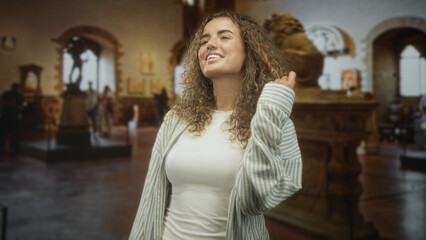 Young woman touches hair with hand while smiling beside marble statue in museum hall wearing striped cardigan; serenity reflection.