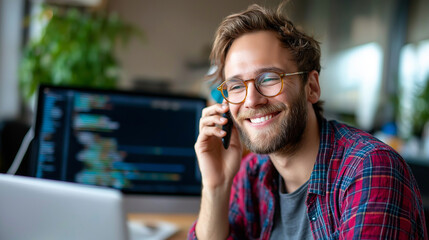 Young defocused programmer seated at desk in personal office workspace engaged in development while conversing and displaying positive expression, happy developer communication, pl