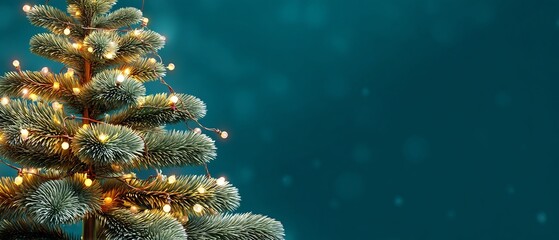 Close-Up of a Festive Christmas Tree Branch Adorned with Warm Glowing Lights, Perfect for Holiday Greeting Cards and Winter Season Designs with Copy Space, and Elegant Details