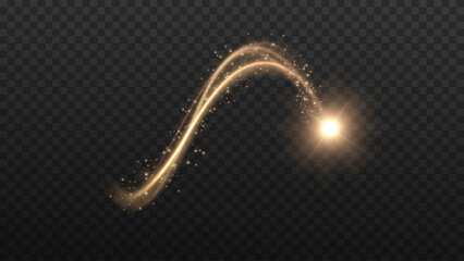 Glowing golden dust swirl with luminous particles and magical curved trail on transparent background. © Ihor Nemynushchyi