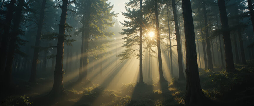 Serene sunlight breaking through forest trees nature scenic landscape tranquil environment morning view natural beauty