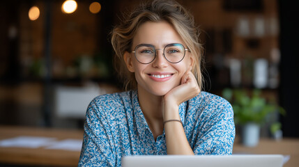 Profile lateral photograph of young cheerful female workplace designer professional seated at table wearing eyewear developing website indoors, happy developer portrait, positive t