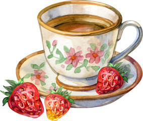 Watercolor teacup with floral painting and fresh strawberries. Bright, sweet and cozy illustration ideal for food art, packaging, kitchen d cor, caf branding, invitations, stickers, and textile patter