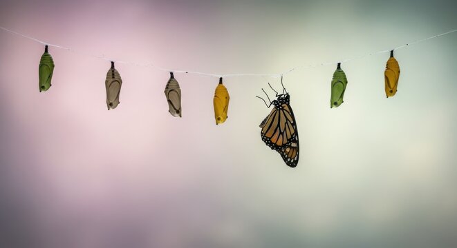 Monarch butterfly emerging from chrysalis among several pupa - Powered by Adobe