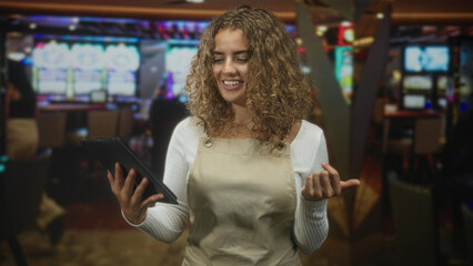 Woman in apron holding tablet and giving thumb up while tapping screen and smiling amid slot machines inside casino building; cheerful service.
