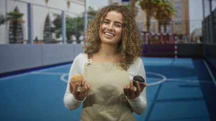 Woman in apron holds two muffins in hands, smiling and comparing pastries on an outdoor sports court in a building; home baking joy.