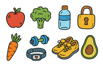 Healthy lifestyle elements icon set. fitness and nutrition collection for wellness design. balanced diet and exercise vector set.