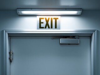 Emergency exit door with illuminated signage and push-bar mechanism in a clean environment