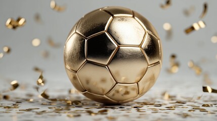Golden soccer ball surrounded by golden confetti on a plain background during a celebration event