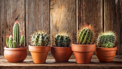 rustic cactus plants in terracotta pots against vintage wooden background