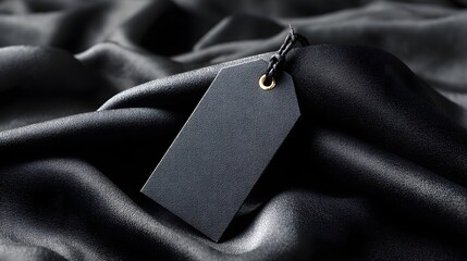 Black tag is on a black cloth. The tag is black and has a gold loop