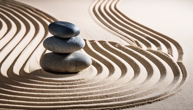 zen garden with balanced stones and raked sand patterns - Powered by Adobe