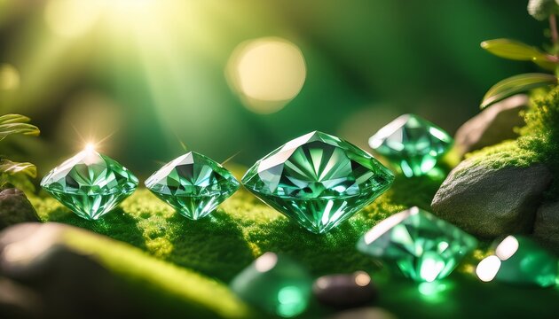 glistening gemstones sparkling in brilliant light showcasing mystical green backdrop for enchanting ambiance and depth in macro photography perfect for luxury and jewelry themes