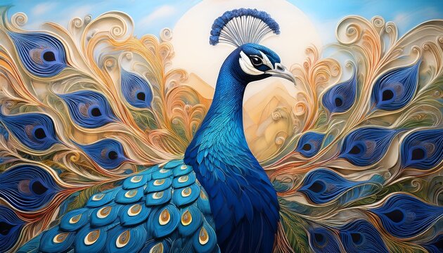 a mesmerizing 3d mural portraying a regal blue peacock amidst a surreal landscape of swirling colors and ethereal light