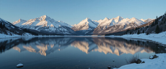 Stunning reflection of snow-capped mountains over serene lake rocky mountains landscape photography winter panoramic view