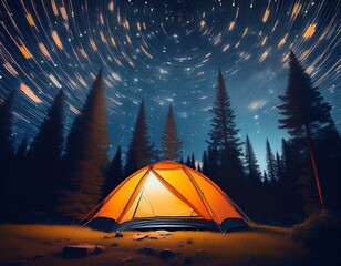 glowing orange tent under starry night sky with pine trees