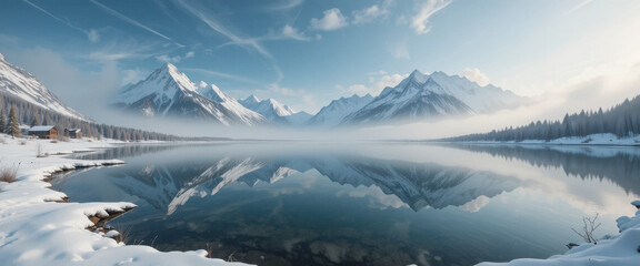 Serene winter landscape reflection snow-capped mountains lake tranquil environment panoramic view nature's beauty