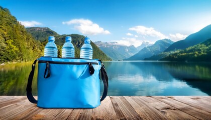 plastic water bottles in blue cooler bag on wooden table with scenic mountain lake view