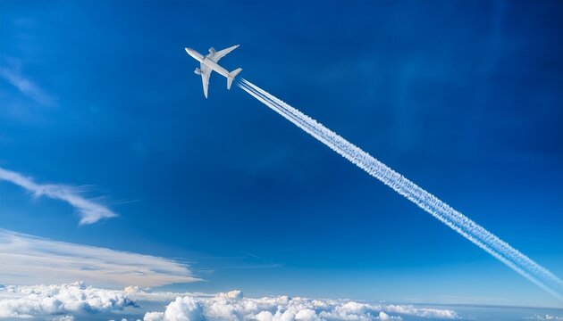 jet soaring through clear azure sky leaving behind trails of fluffy clouds evoking tranquility and vastness in serene atmosphere perfect for travel and aviation enthusiasts seeking inspiration - Powered by Adobe
