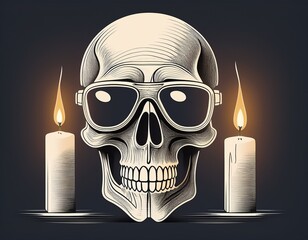 minimalist continuous line art skull with goggles and burning candle symbolizing mortality and timeless contemplation