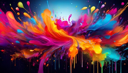 bold chaotic paint splatters in bright neon colors with a dark base