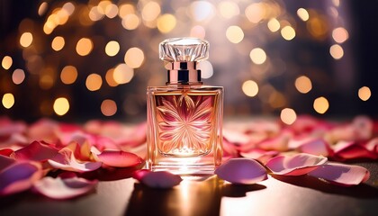 perfume bottle with rose petals and glowing bokeh lights