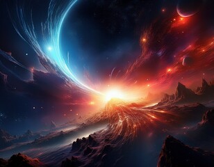 deep space scene featuring a distant glowing supernova explosion